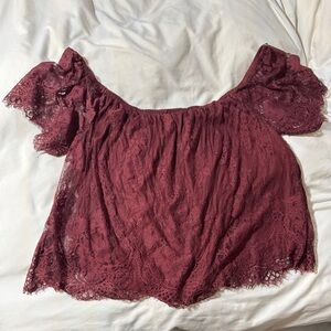 American Eagle Outfitters Lace Off-Shoulder Top - Dark Red